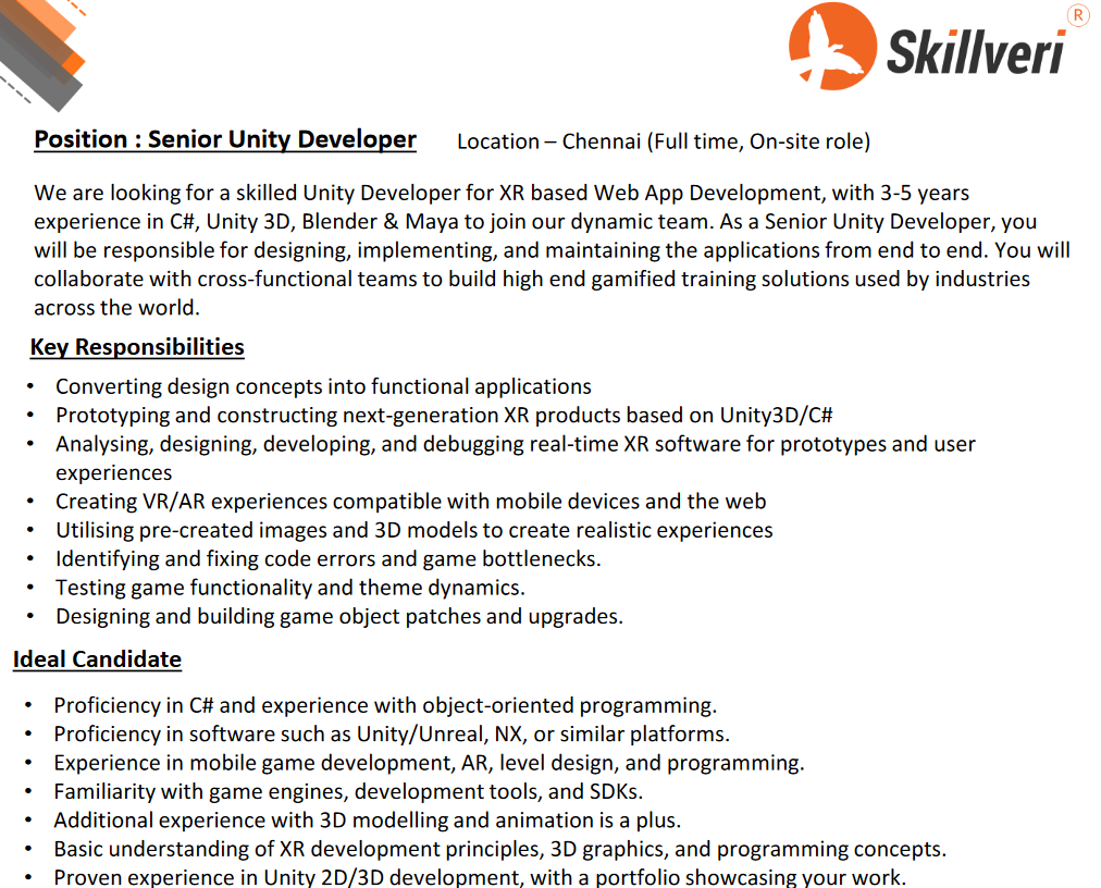 skillveri hiring requirements unity developer